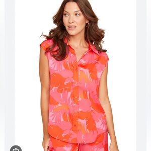 Vibrant Pink and Orange Notched Collar Blouse Size M